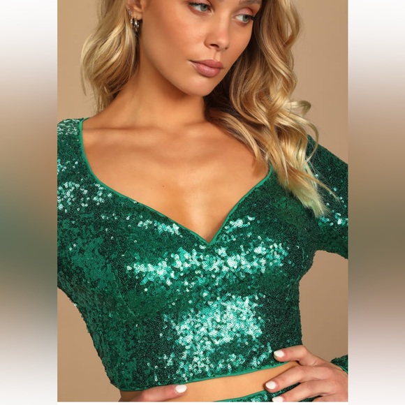 LuLus Glitzy Celebration Emerald Green Sequin Two-Piece Mini Dress | NYE - Picture 4 of 12